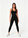 Haideyu Women Black Sleeveless One Piece Activewear with White Sneakers, Slim Fit Athletic Jumpsuit for Gym Workout and Sports Training