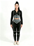 Black Grey Contrast Piping Zip‑Up Hooded Crop Top And High Waist Leggings Outfit, Caucasian Virtual Model Front Standing Pose, Custom Stretchy Women Active‑wear From Haideyu OEM ODM Apparel Service