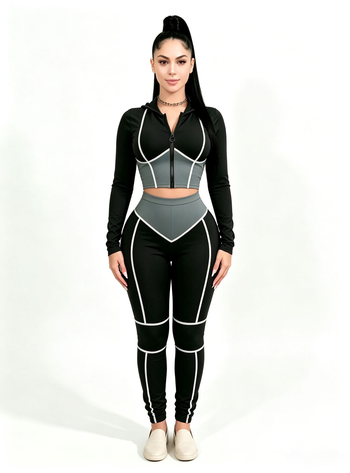 Black Grey Contrast Piping Zip‑Up Hooded Crop Top And High Waist Leggings Outfit, Caucasian Virtual Model Front Standing Pose, Custom Stretchy Women Active‑wear From Haideyu OEM ODM Apparel Service