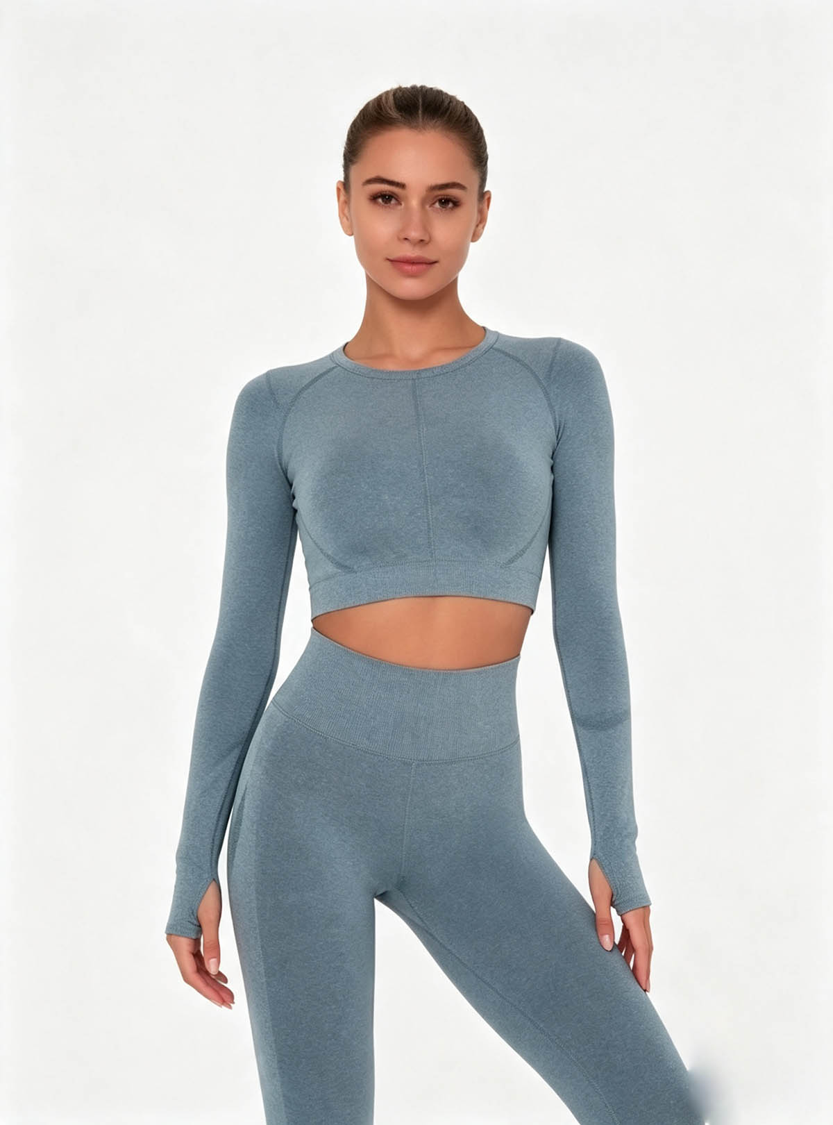 Haideyu Women Blue Long Sleeve Crop Top and High Waist Leggings Set, Soft Stretchy Athletic Outfit for Gym Workout and Casual Sports Training