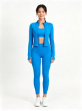 Haideyu Women Blue Zip-Up Long Sleeve Activewear Set, High Waist Stretchy Leggings and White Sneakers for Gym Workout and Casual Sports