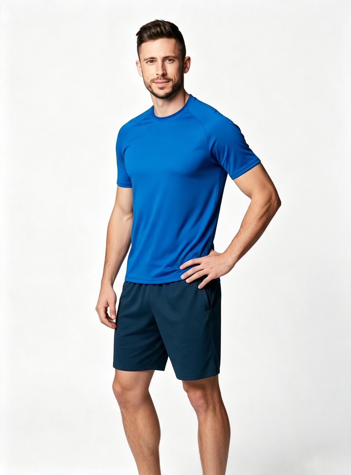 Haideyu Men's Athletic Two‑Piece Suit, Bright Blue Raglan Sleeve Quick‑Dry Short‑Sleeve T‑Shirt and Navy Sports Shorts, Performance Activewear for Private‑Label OEM ODM Manufacturing