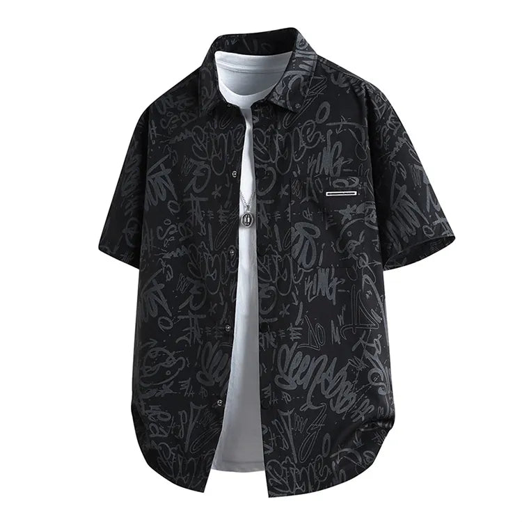 OEM custom allover pattern short sleeve men shirt black color variant flat detail shot