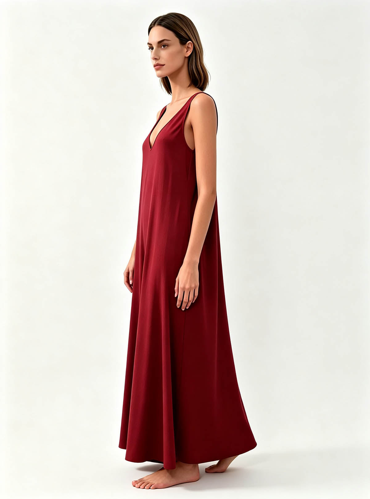 Haideyu Women’s Burgundy Sleeveless V-Neck Maxi Dress, Flowy Casual Long Dress, ODM Garment Manufacturing
