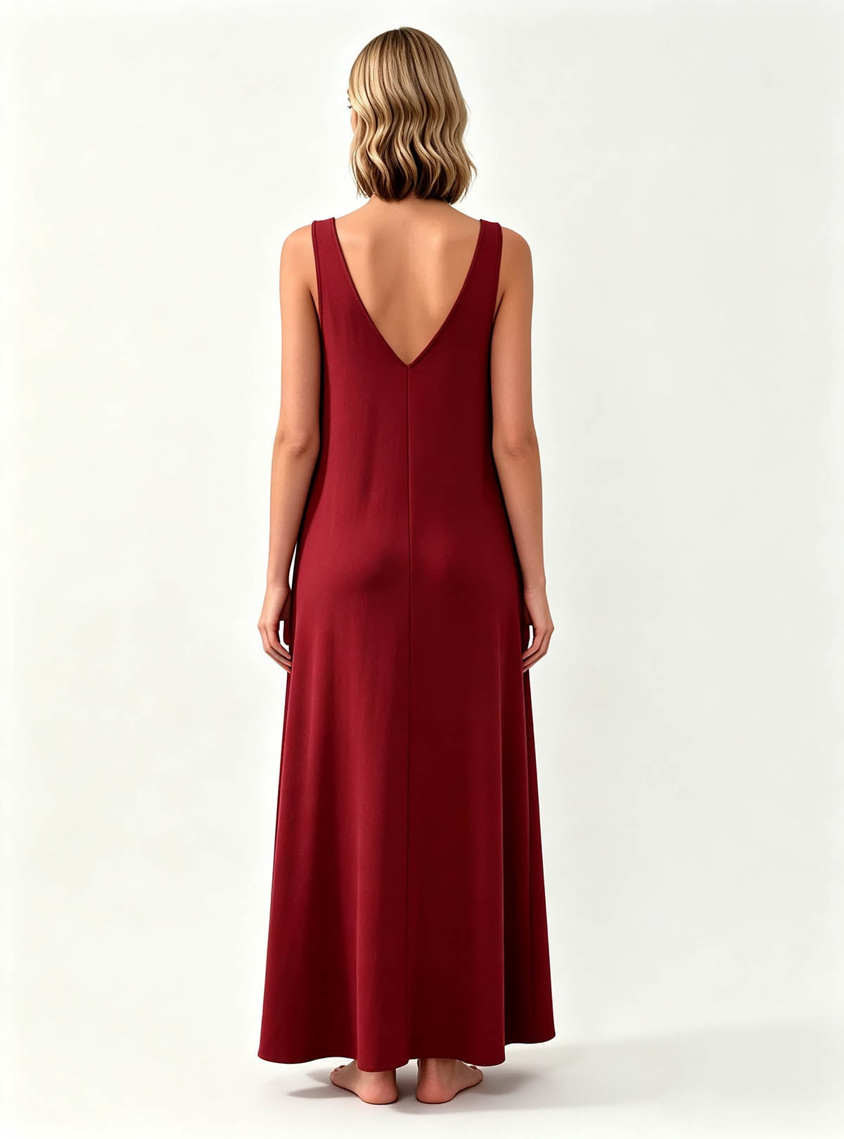 Haideyu Burgundy V-Neck Sleeveless Maxi Dress Back View, Ladies Loose Flowy Custom-made Long Dress