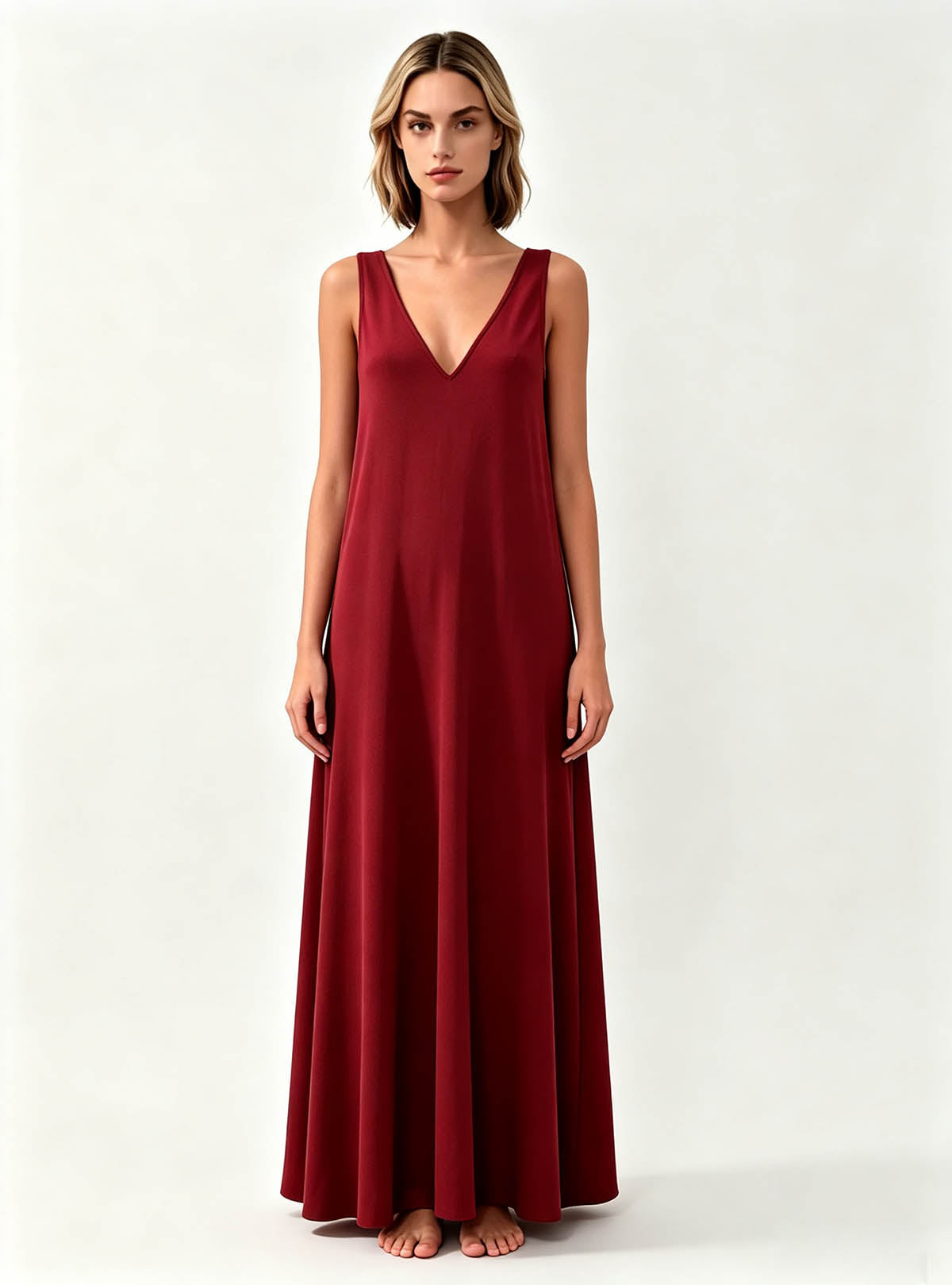 Haideyu Women Burgundy Sleeveless V-Neck Maxi Dress, Loose Flowy Long Dress, OEM Custom Casual Apparel