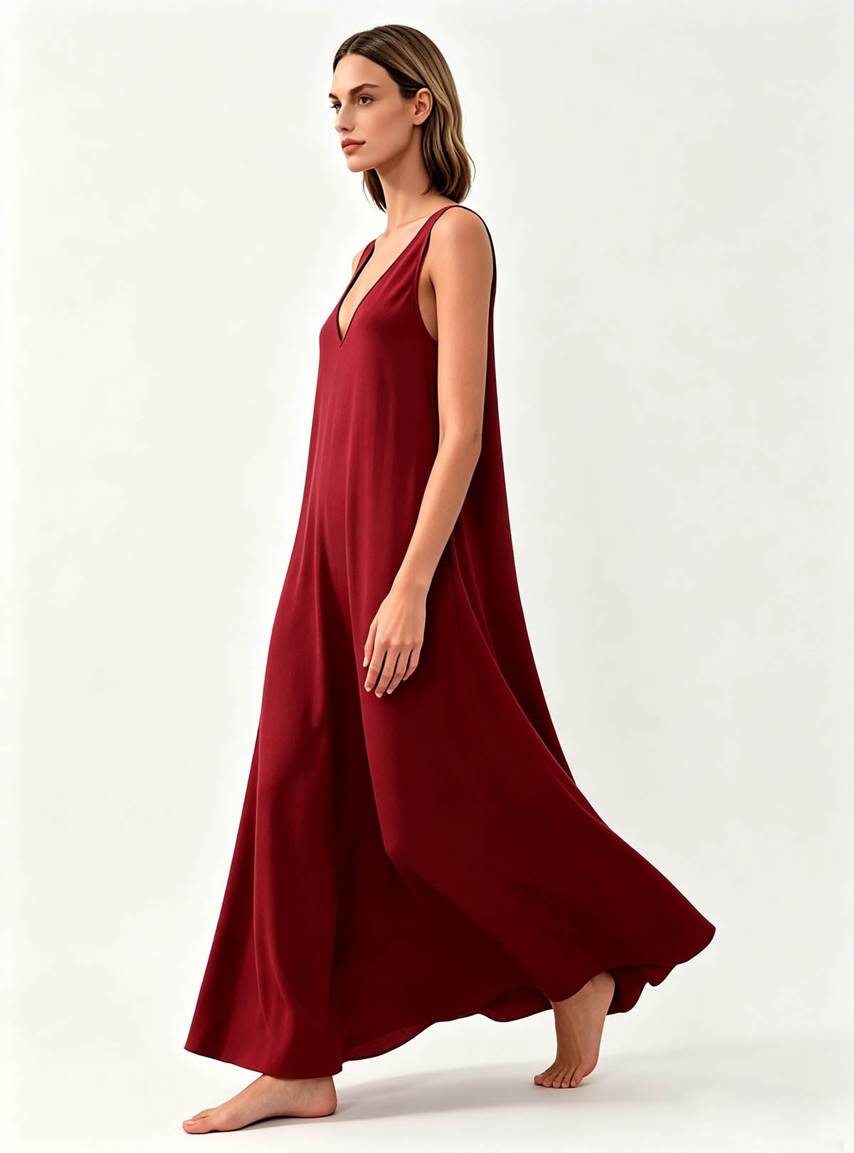 Haideyu OEM Custom Burgundy Sleeveless V-Neck Flowy Maxi Dress, Lightweight Casual Long Dress For Women