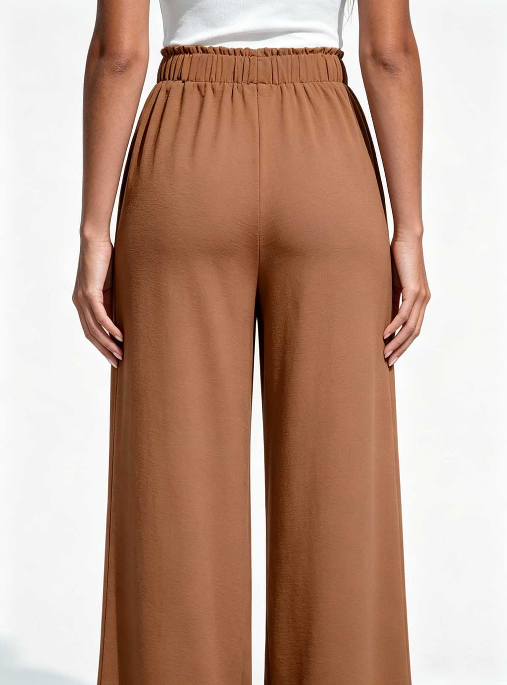Haideyu OEM women flowy waffle wide leg pants back view, drawstring elastic waist casual pants studio shoot