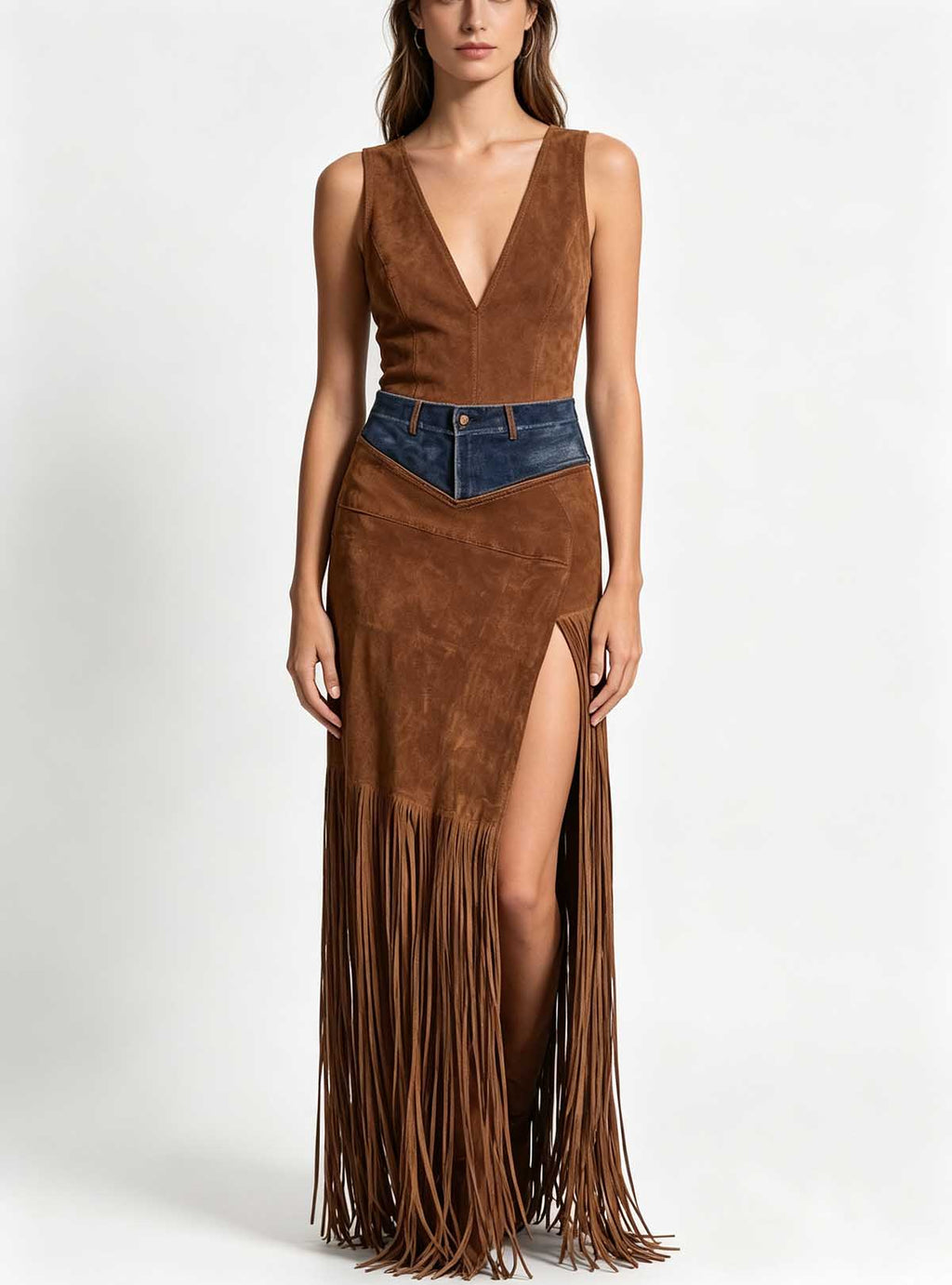 Haideyu custom western fringe maxi skirt for women, denim spliced waist, suede texture high slit long skirt, OEM custom apparel, white studio background front full body shot
