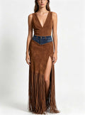 Haideyu custom western fringe maxi skirt for women, denim spliced waist, suede texture high slit long skirt, OEM custom apparel, white studio background front full body shot