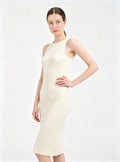 Haideyu Cream Sleeveless Round Neck Body‑con Midi Dress, Elegant Daily Ladies Apparel Private Label OEM ODM Custom Garment Manufacturing