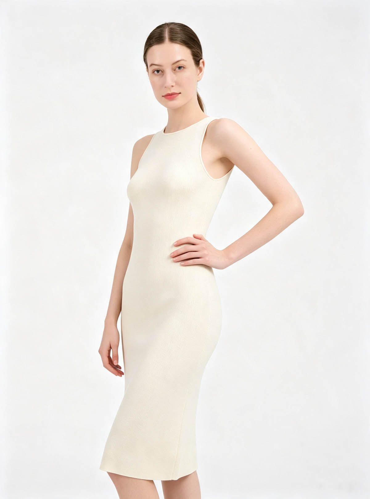 Haideyu Cream Sleeveless Round Neck Body‑con Midi Dress, Elegant Daily Ladies Apparel Private Label OEM ODM Custom Garment Manufacturing