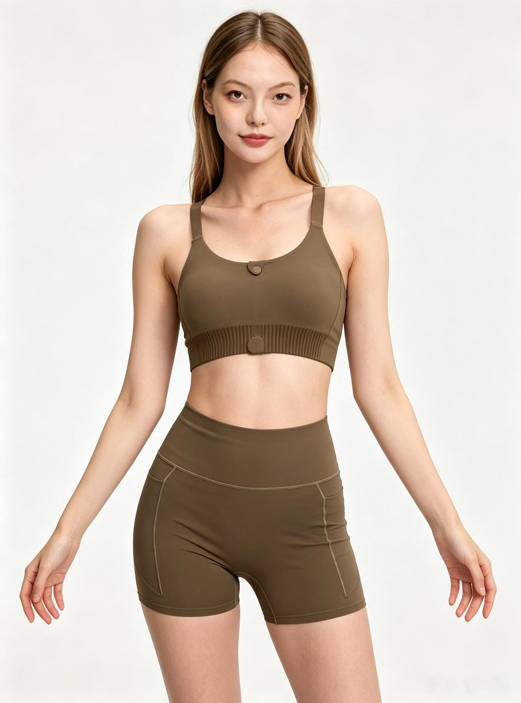 Haideyu custom side view women gym outfit, olive brown front zip sports bra and pocket biker shorts OEM clothing