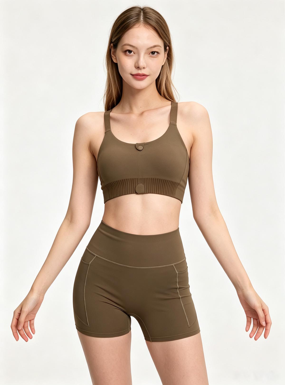 Haideyu custom side view women gym outfit, olive brown front zip sports bra and pocket biker shorts OEM clothing