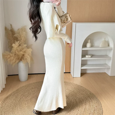 White Long Sleeve Curvy Knit Mermaid Dress Custom Private Label Bulk