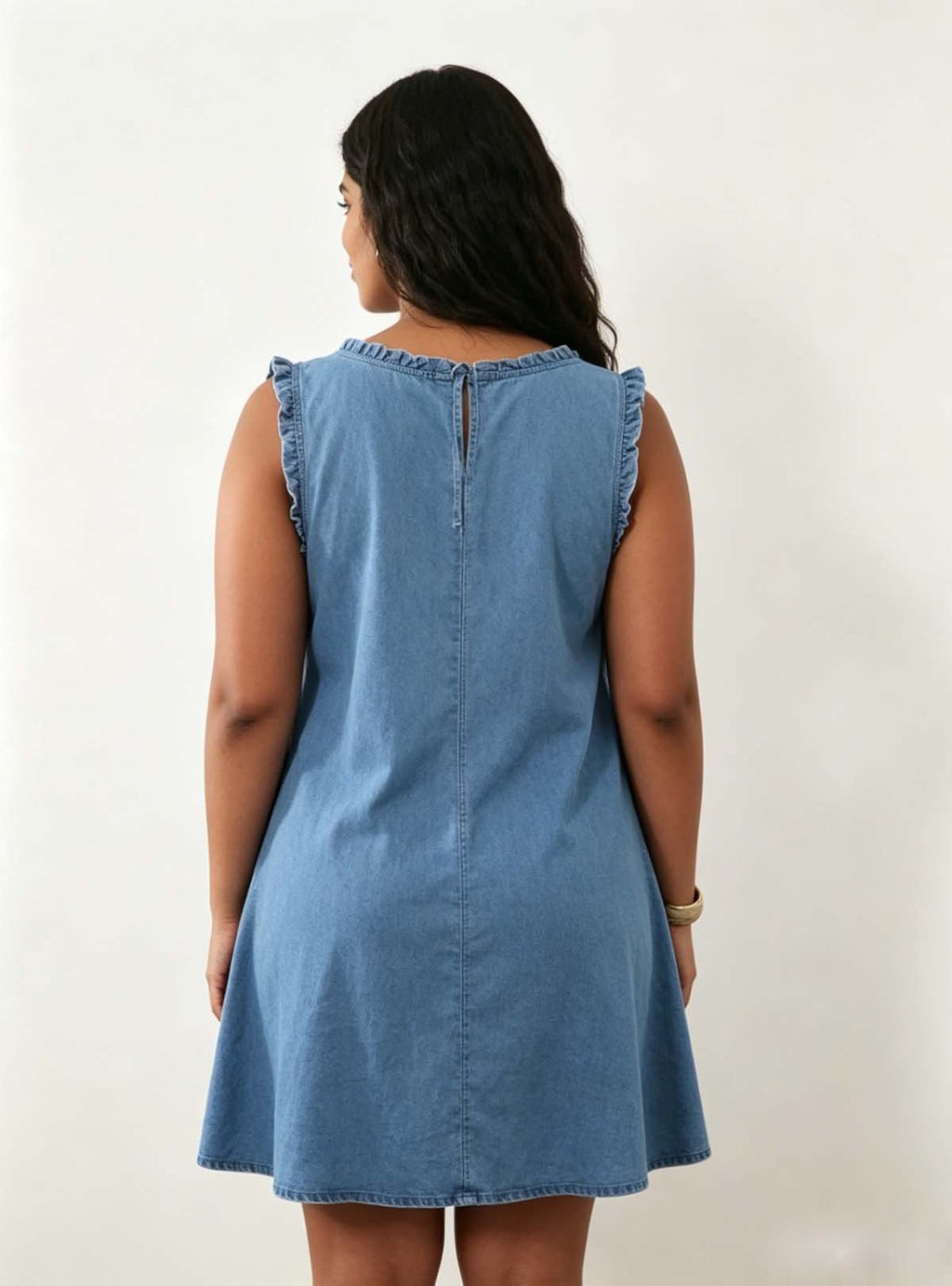 Back full view Haideyu custom fit soft denim sleeveless mini dress plain back design ruffle arm trim plus size friendly custom summer gown