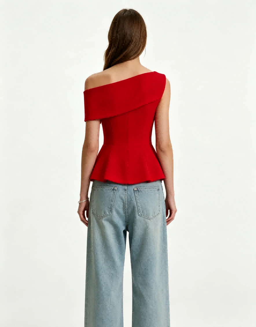 Full back view Haideyu custom fit red folded off shoulder cropped top plain smooth back structured fabric date night custom women top