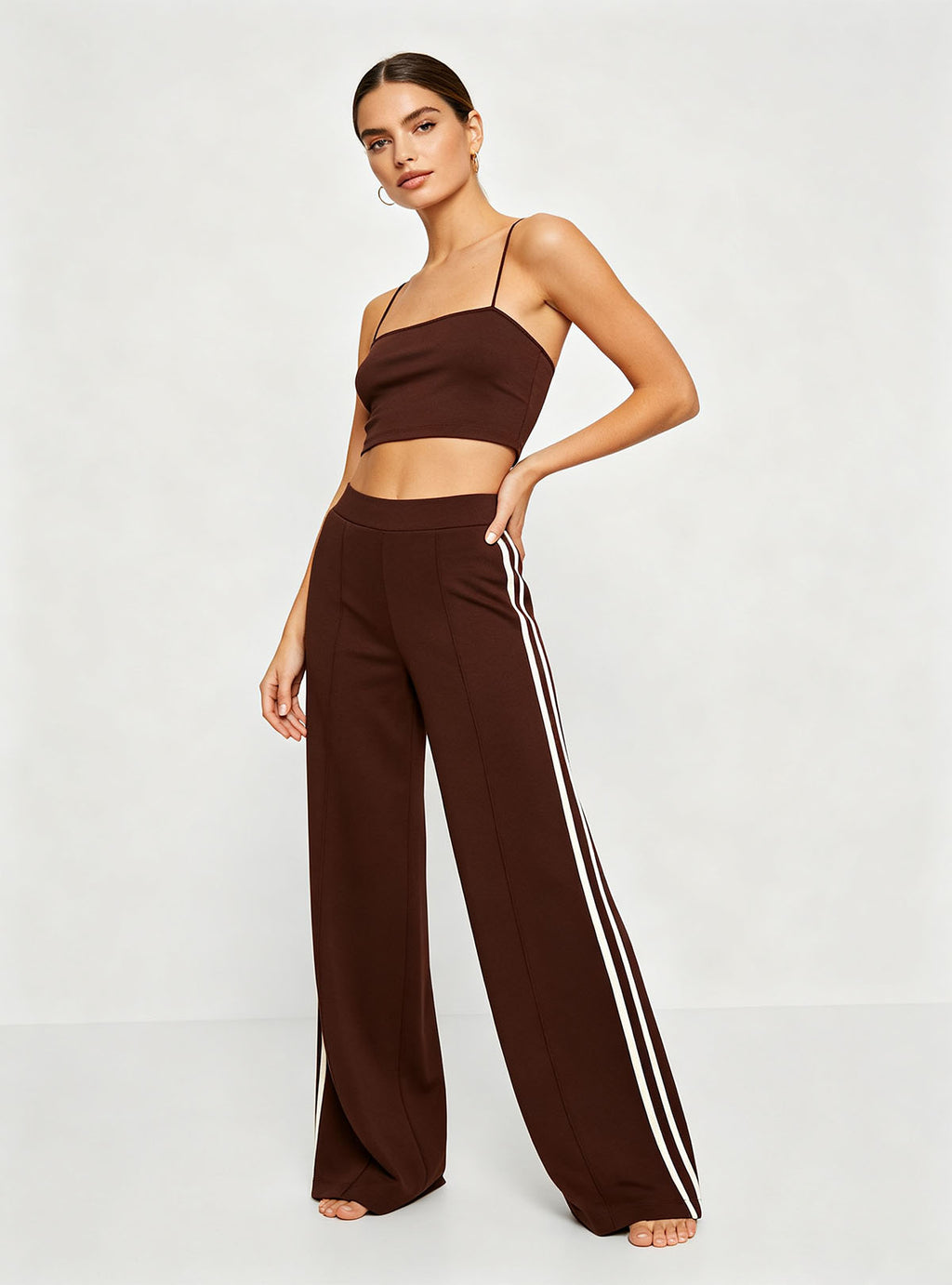 Minimal side stance shot Haideyu custom fit brown stretch flare track pants slim high rise versatile loungewear custom casual wear