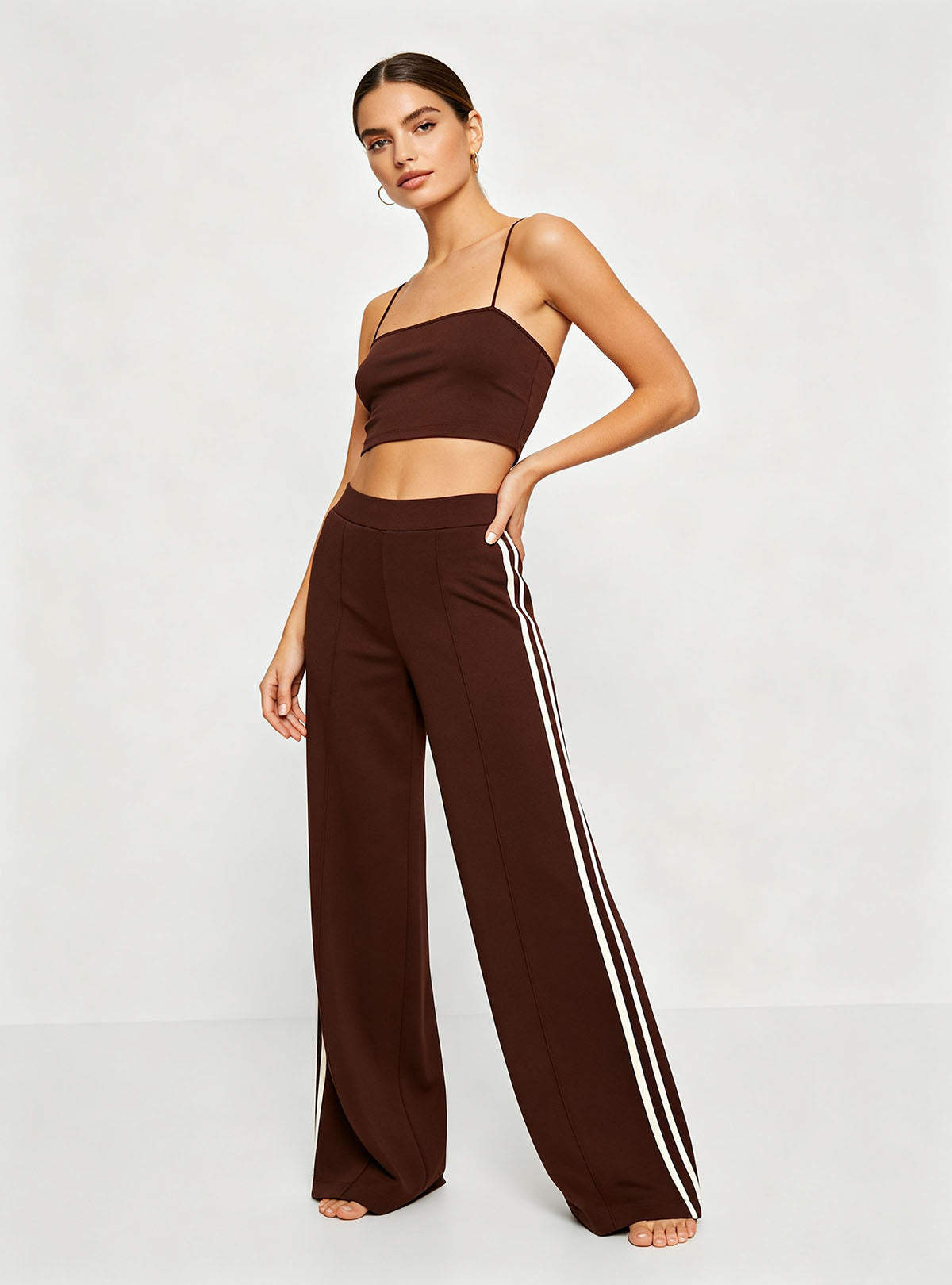 Minimal side stance shot Haideyu custom fit brown stretch flare track pants slim high rise versatile loungewear custom casual wear