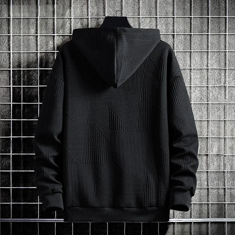 Back hood closeup of Haideyu blank textured black men hoodie for brand OEM customization