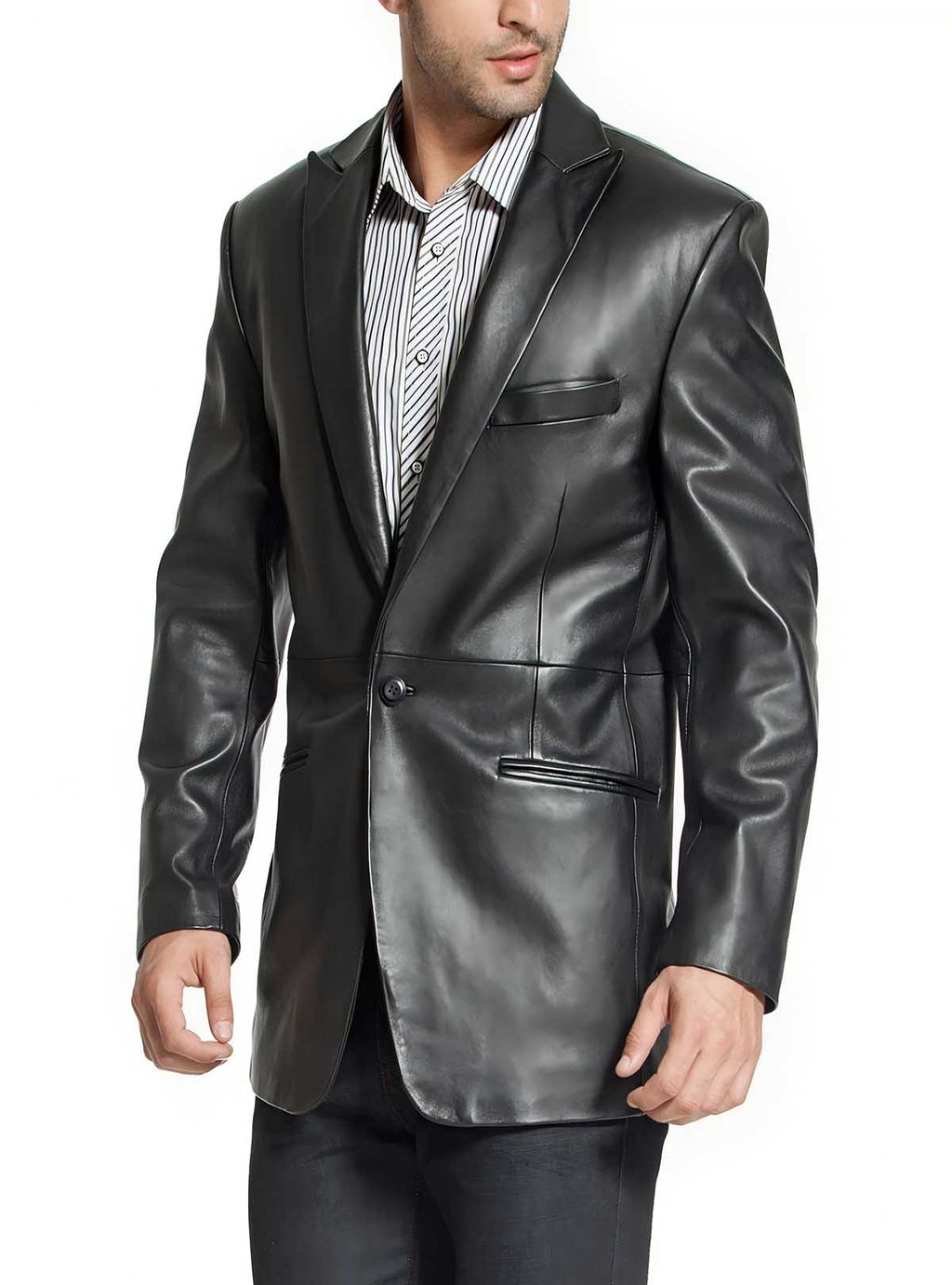Angled shot Haideyu men genuine leather blazer, notched lapel leather suit jacket custom OEM apparel service