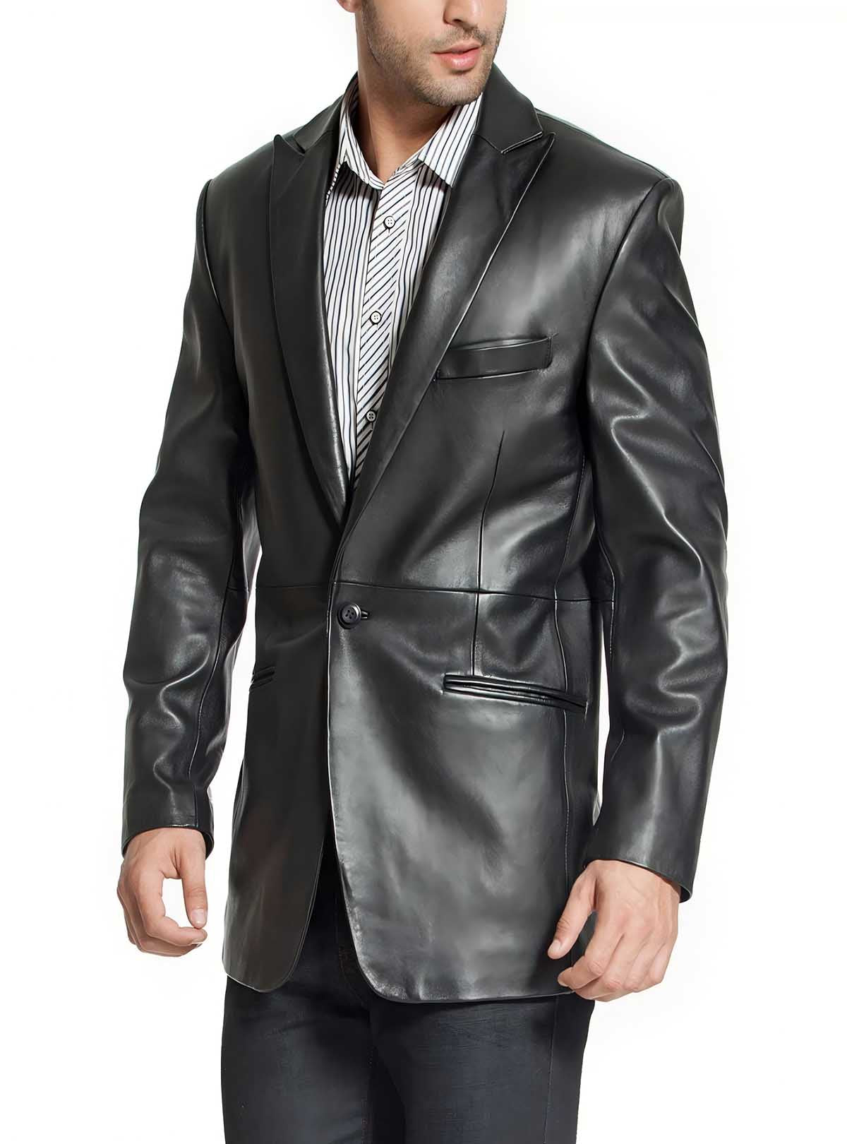 Angled shot Haideyu men genuine leather blazer, notched lapel leather suit jacket custom OEM apparel service