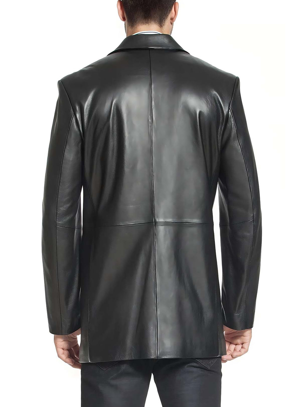 Back view of Haideyu tailored men leather blazer, structured stitching design custom men outerwear for garment manufacturing