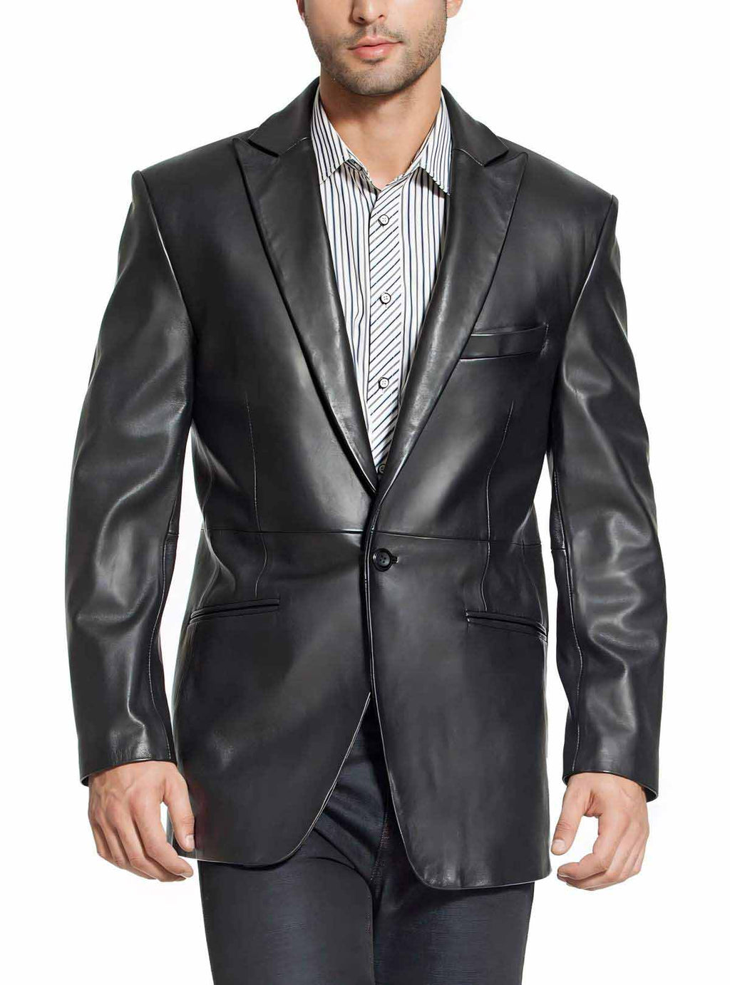 Haideyu custom men black leather blazer front view, single-breasted formal leather suit jacket for OEM ODM clothing production