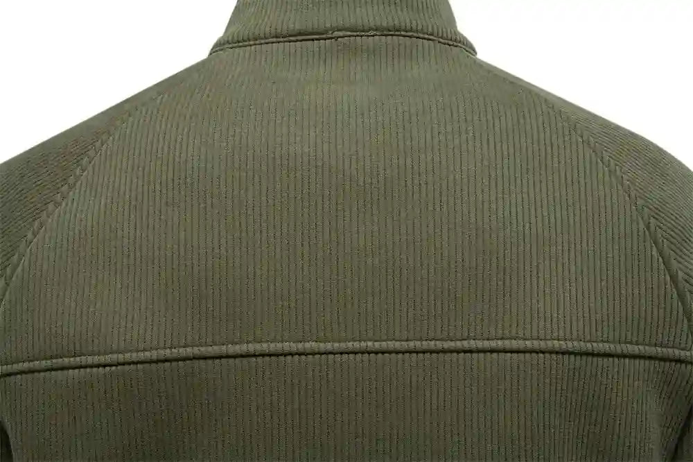 Back shoulder stitching closeup of Haideyu ribbed blank quarter zip men sweatshirt for brand OEM customization