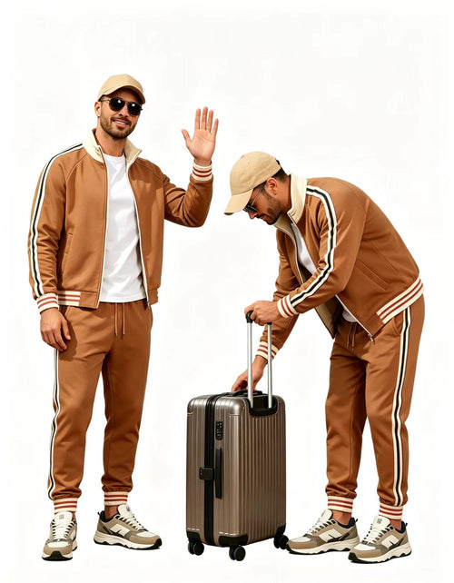 Haideyu OEM brown striped men two piece tracksuit dual model front travel look, fully customizable apparel from haideyu.com