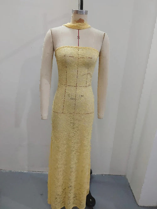 Haideyu custom yellow lace halter strapless maxi dress front view, stretch lace formal gown for wedding prom party