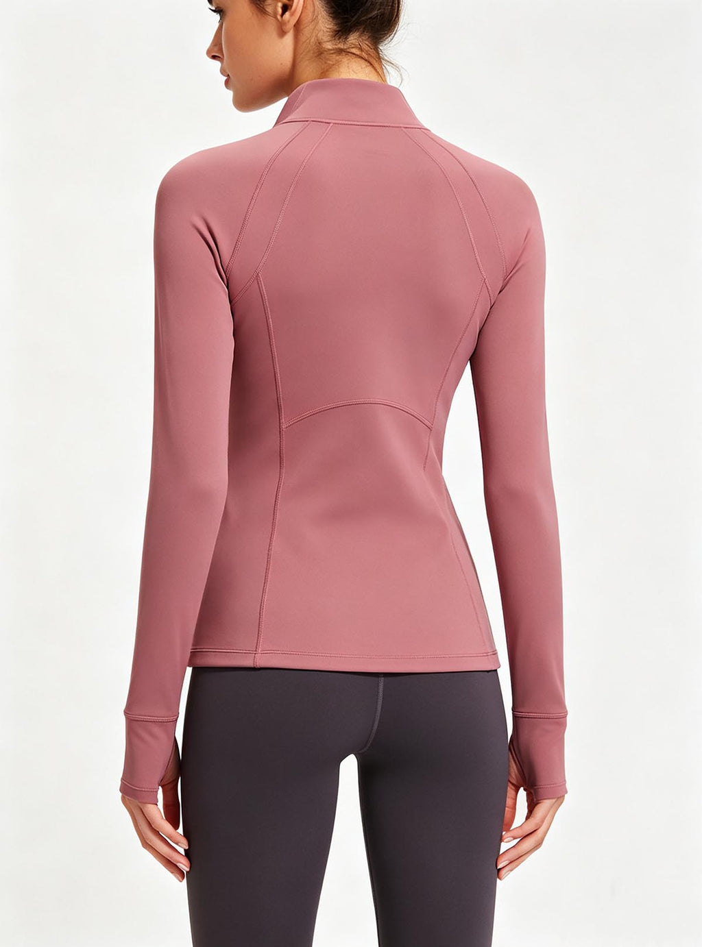 Haideyu custom fitted yoga jacket back view, thumb‑hole cuffs for women outdoor workout OEM apparel
