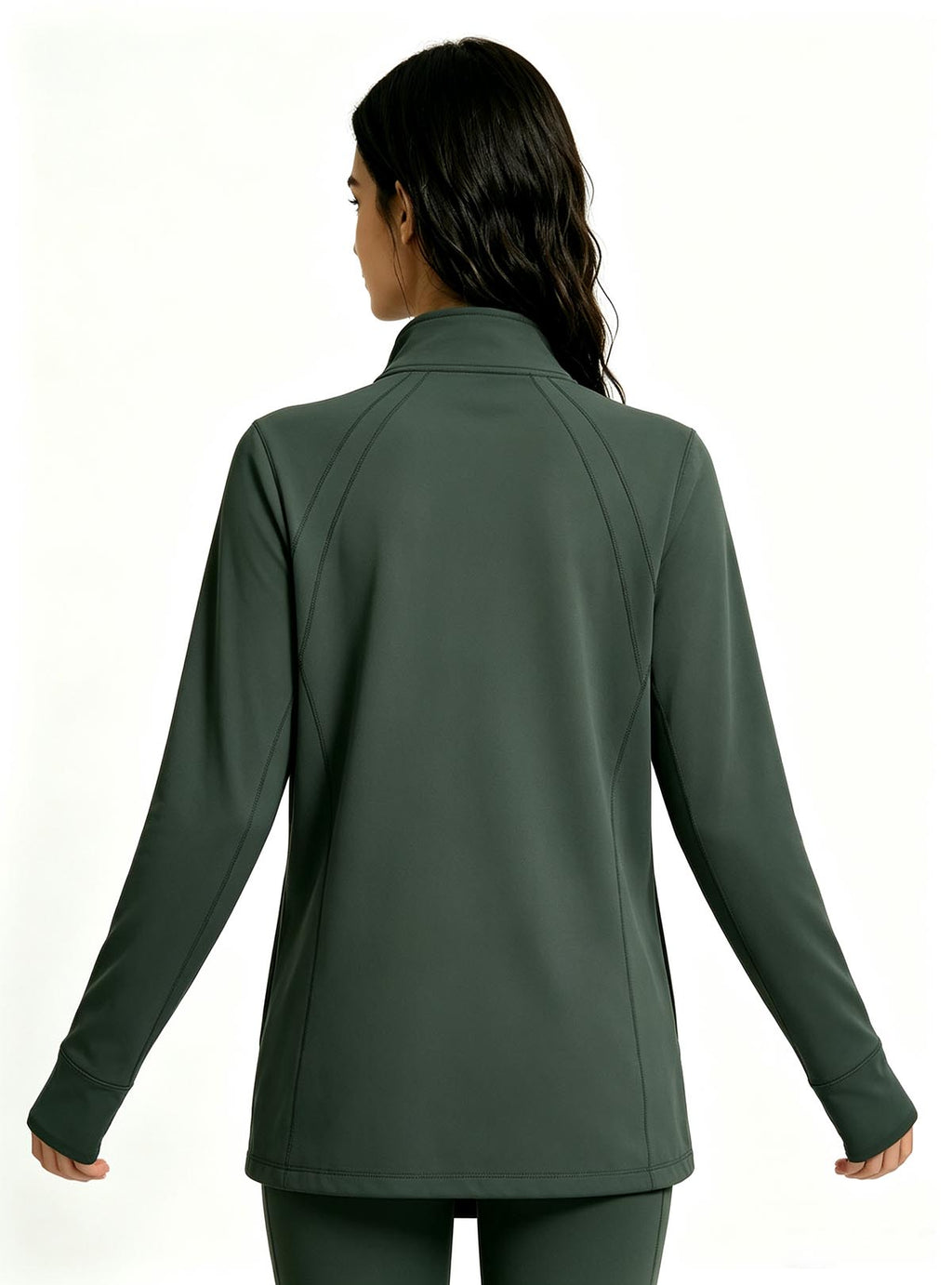 Haideyu custom deep green full zip yoga jacket back view, women athletic training jacket private label custom apparel, white background