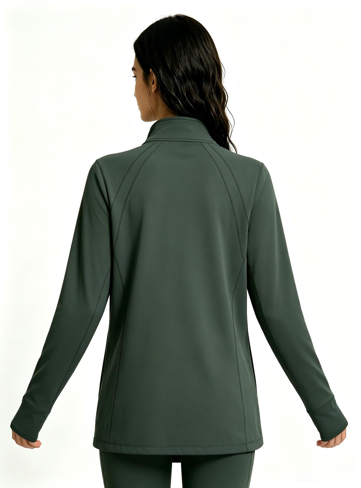 Haideyu custom deep green full zip yoga jacket back view, women athletic training jacket private label custom apparel, white background