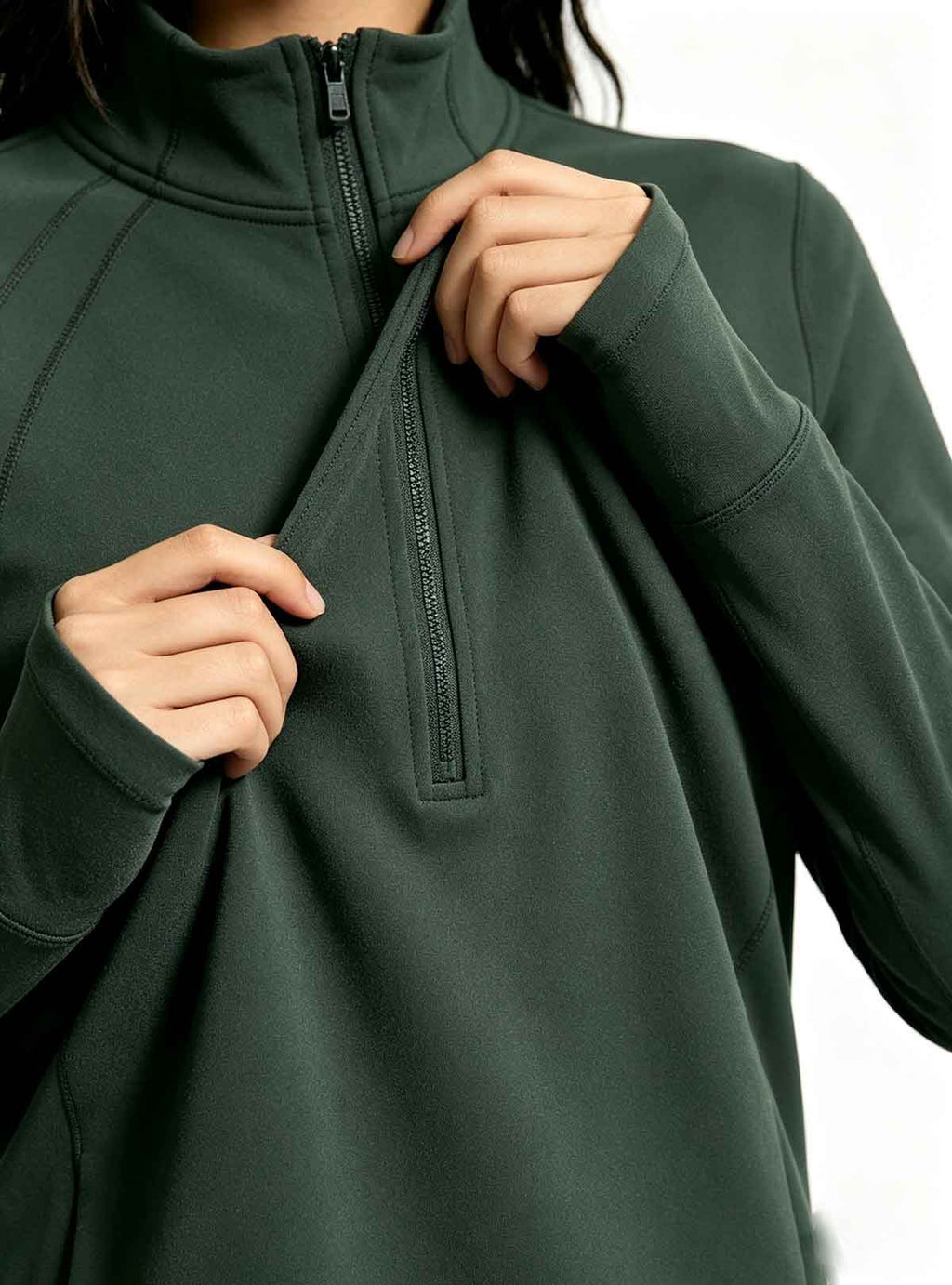Fabric closeup of Haideyu deep green full zip yoga jacket, 4-way stretch soft activewear material for OEM custom sportswear