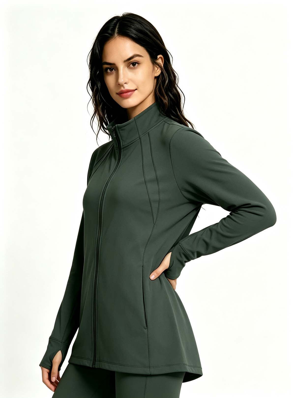 Haideyu custom deep green full zip yoga jacket side profile, stretch fitness jacket for women yoga gym OEM customization