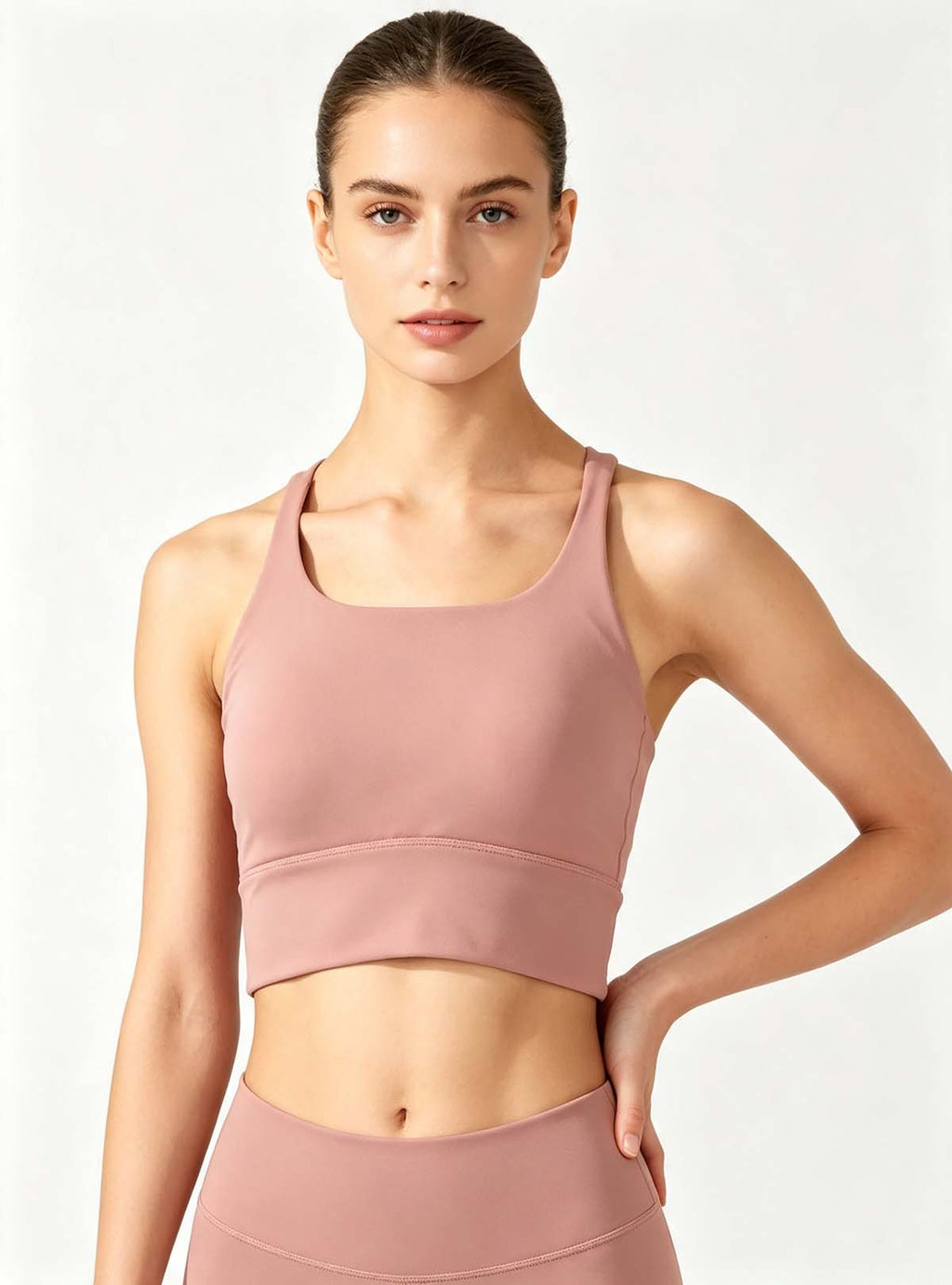 Haideyu Dusty Pink Square‑Neck Workout Sports Bra, Front‑Angle Studio Shot, Custom Women Active‑Wear Tops for Private‑Label OEM ODM Manufacturing