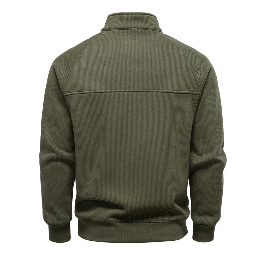 Full back view of Haideyu stock army green ribbed quarter zip men pullover sweatshirt blank custom bulk manufacturing