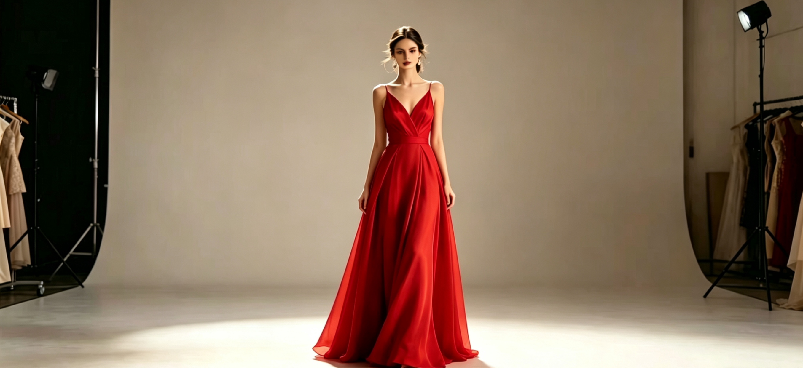 Haideyu Fashion red evening gown dress model studio