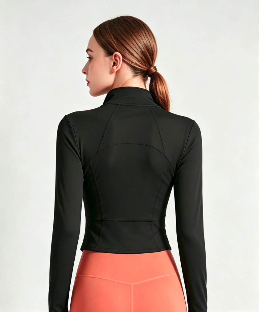 Back view of Haideyu OEM women full zip yoga jacket, curved back contour stitching, high stand collar cropped activewear custom apparel
