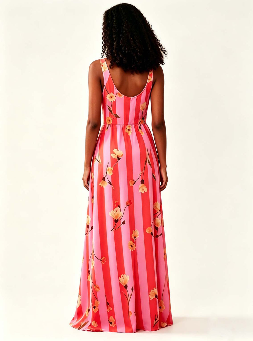 Haideyu ODM long maxi sundress back view, scoop back sleeveless floral striped dress for women  custom apparel
