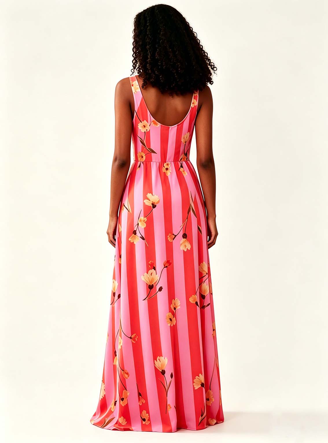 Haideyu ODM long maxi sundress back view, scoop back sleeveless floral striped dress for women  custom apparel