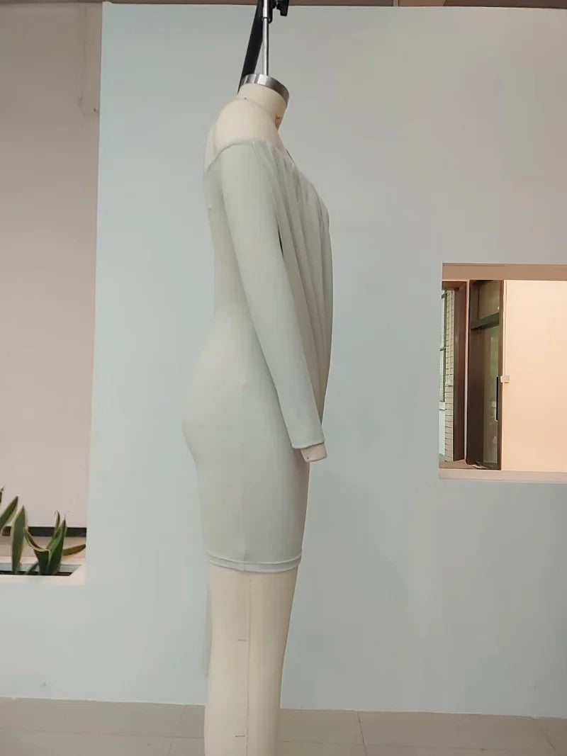 Right side detailed view Haideyu FOB compliant OEM off shoulder draped sleeve tight mini dress on dummy mannequin, tailor‑made garment production service