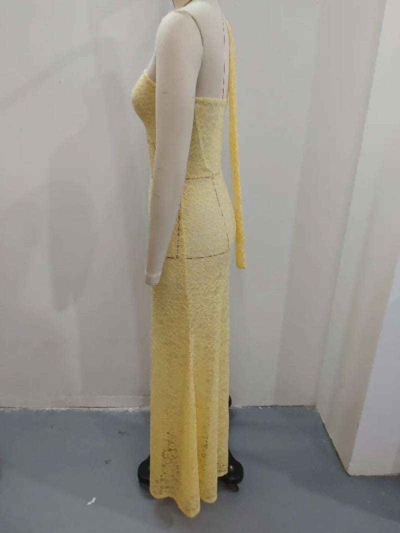 Side profile Haideyu FOB compliant OEM halter neck lace floor-length evening gown on mannequin, customizable fabric and silhouette for brand private label orders
