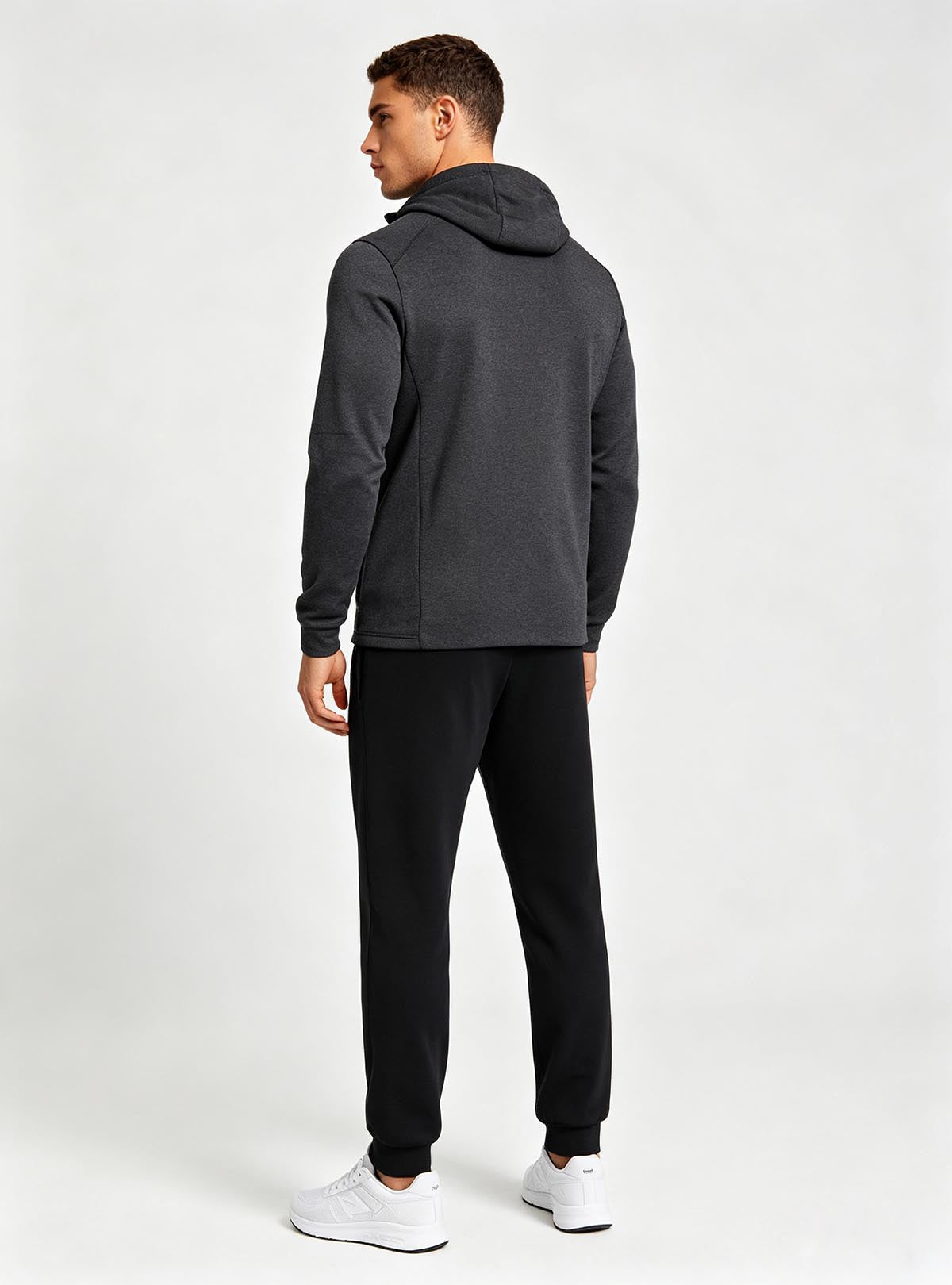 Rear back view Haideyu ODM custom men hooded fleece tracksuit two-piece outfit, European male model customized casual sportswear OEM service