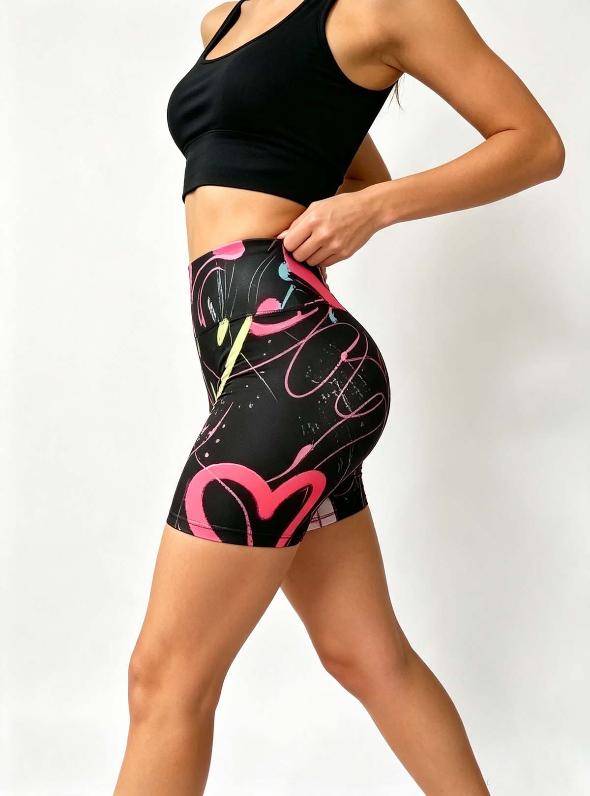 Haideyu ladies black base heart‑print high rise cycling shorts, soft elastic active‑wear shorts, bespoke workout trouser OEM ODM manufacturing