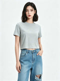 Haideyu Casual Women Grey Crew‑neck Cropped Short Sleeve T‑Shirt With Ripped Wide‑Leg Denim Jeans, Bespoke Daily Ladies Clothing Private‑Label OEM ODM Manufacturing