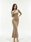 Haideyu Khaki Square Neck Long‑Sleeve Ribbed Knit Mermaid Midi Dress, Custom Elegant Ladies Knitted Outfit Private‑Label OEM ODM Clothing Manufacture