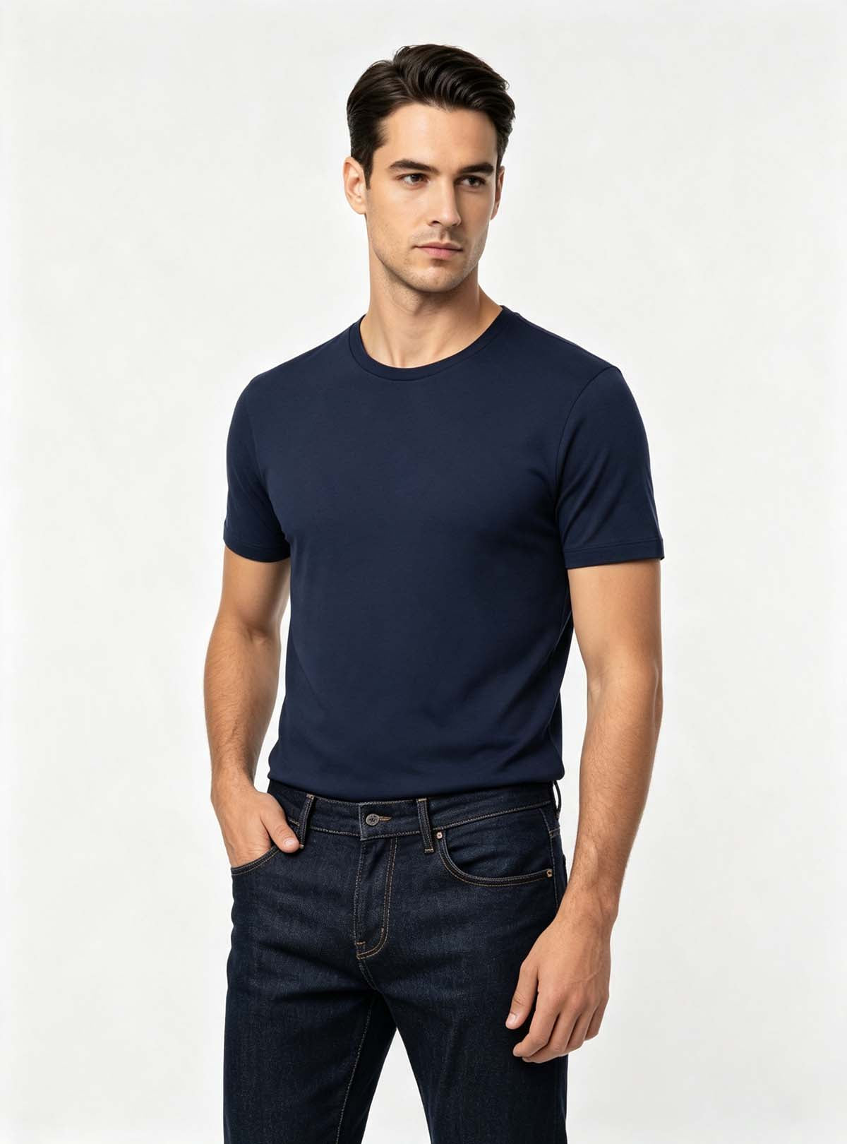 Haideyu Men Casual Outfit, Classic Navy Blue Crew‑Neck Short‑Sleeve T‑Shirt With Dark Denim Jeans, Everyday Male Apparel for Private‑Label OEM ODM Manufacturing