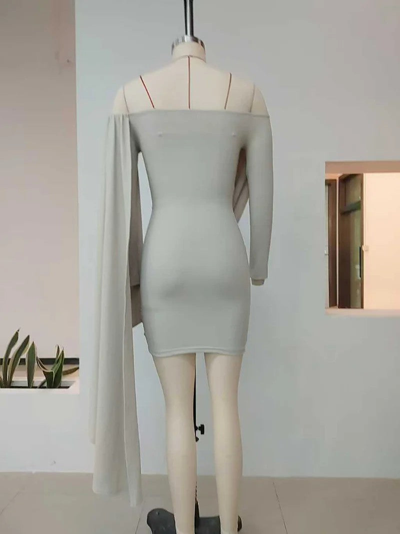 Back full view of Haideyu customized off shoulder draped sleeve bodycon mini dress displayed on dress form mannequin, ODM pattern modification clothing manufacturing service